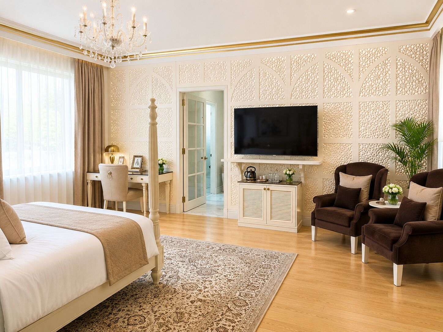 Un dormitorio con una cama, un escritorio, un televisor, dos sillones y un ventanal grande.