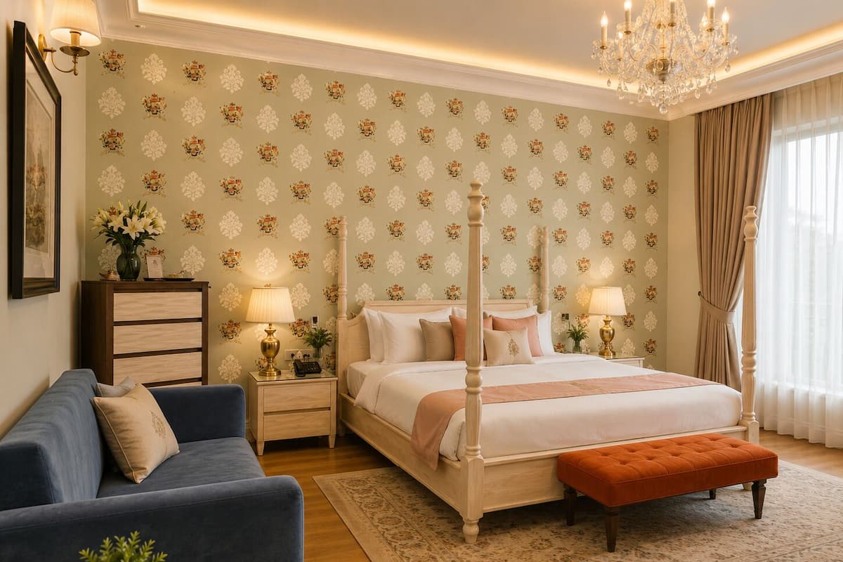 A bedroom with a four-poster bed, a nightstand with a lamp, a dresser, a blue sofa, and a large window with curtains.