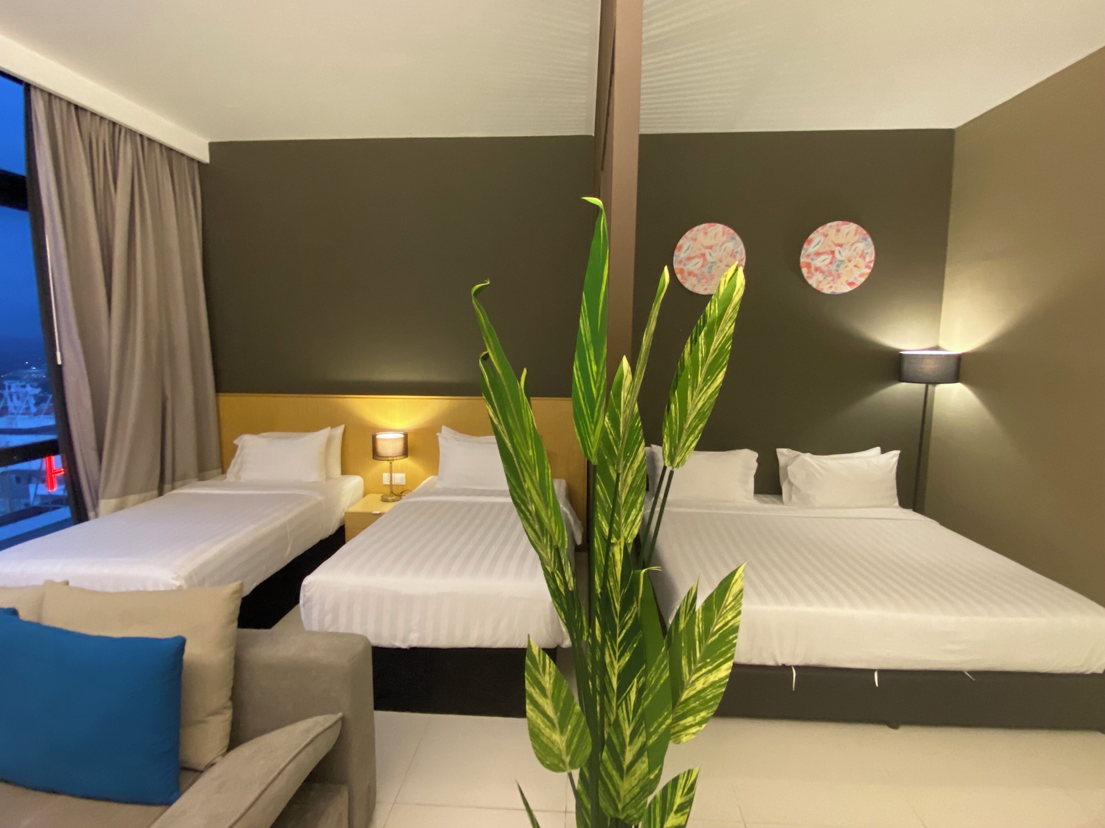 Une chambre d’hôtel avec deux lits, une table de chevet avec une lampe, une grande plante en pot et une vue sur la ville la nuit.