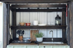 Stovetop, coffee/tea maker, toaster, cookware/dishes/utensils - Adventure Awaits: Riverfront Luxe Glamping (Valley Mills)