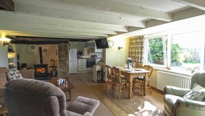 Un salon chaleureux avec une cheminée, un coin repas avec des meubles en bois et une cuisine à l’arrière-plan.
