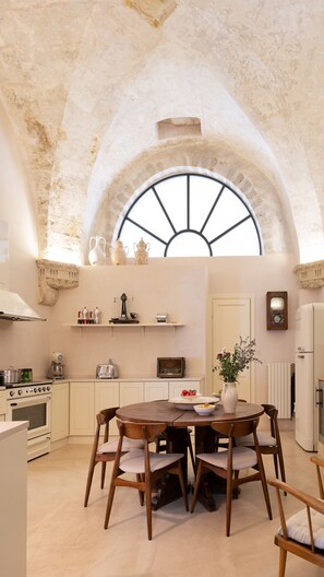 Fridge, microwave, high chair