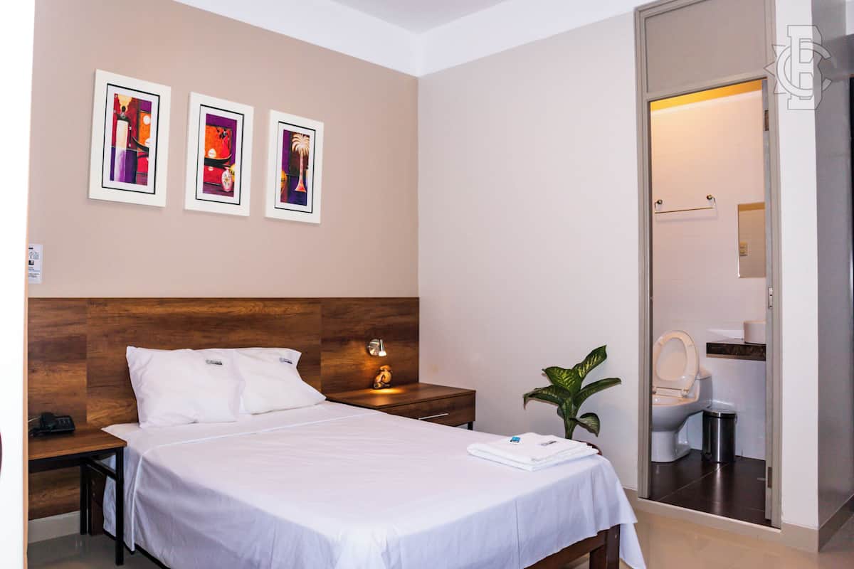 A hotel room with a bed, bedside tables, a nightstand, a plant, and a bathroom visible through an open door.