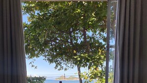 A room with a round table, two chairs, a bottle of wine, and a view of the sea through a window with curtains.