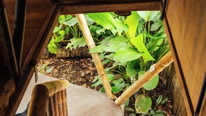A wooden staircase leading to a covered outdoor area with lush greenery. - Bambuk Bio Chalet Uvita beach front (Uvita)