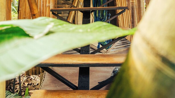 A bamboo staircase leading to a wooden platform with a thatched roof. - Bambuk Bio Chalet Uvita beach front (Uvita)