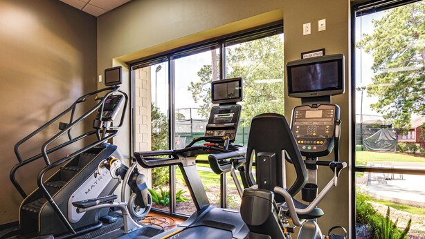 Un gimnasio con cintas de correr, bicicletas estáticas y una máquina de remo, equipado con monitores de frecuencia cardíaca y una pantalla de televisión.