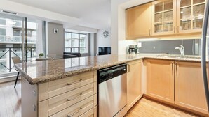 A modern kitchen with granite countertops, stainless steel appliances, and wooden cabinets. - Modern 1+1-BR Condo DT Toronto (Toronto)