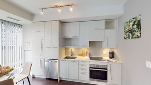 A modern kitchen with white cabinetry, a built-in dishwasher, a double oven, and a window with blinds. - Modern Central 1-BR Condo in DT Toronto (Toronto)