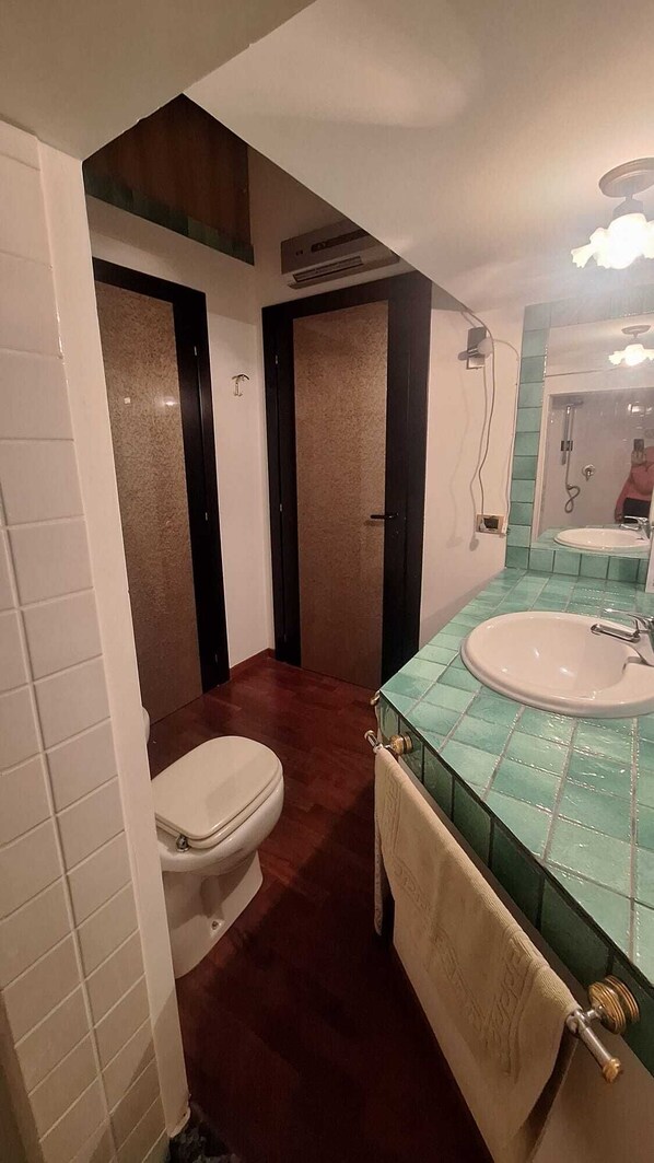 A bathroom with a toilet, a sink with a mirror, and a shower area.