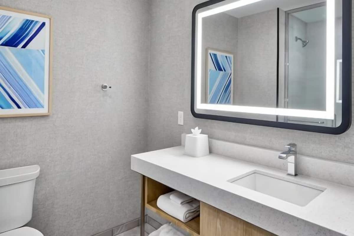 Ein Badezimmer mit Toilette, Waschbecken inklusive Spiegel und einem Handtuchhalter.