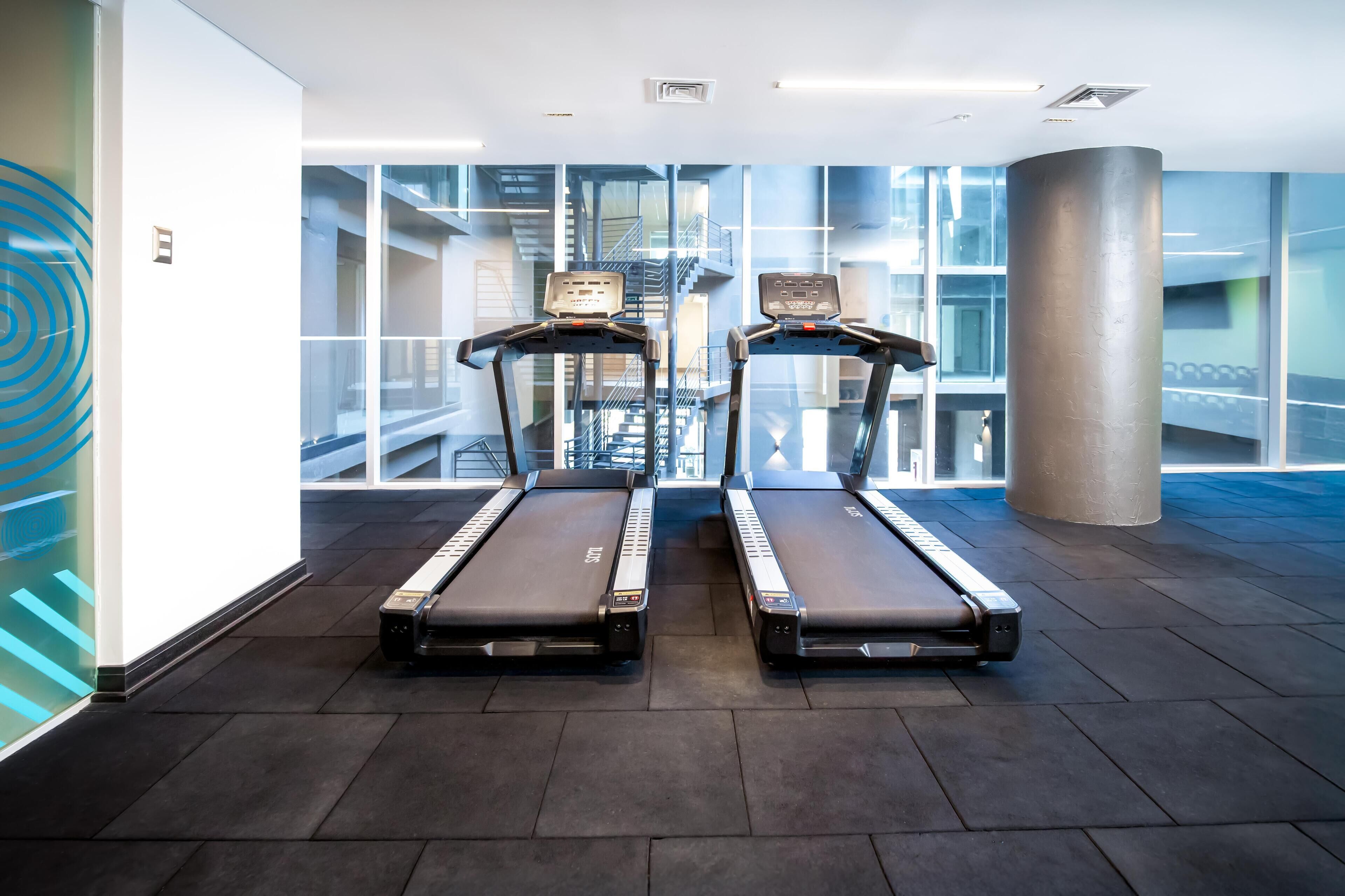 Dos cintas de correr estacionarias en un espacio interior moderno con ventanas amplias y una escalera visible al fondo.