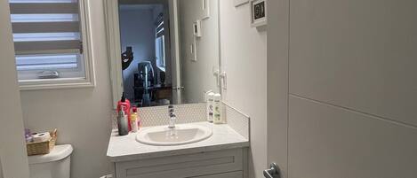 Hair dryer, towels, soap, toilet paper