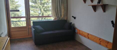 A room with a wooden floor, a dark green sofa, a wooden cabinet, and a window with a view of trees and mountains.