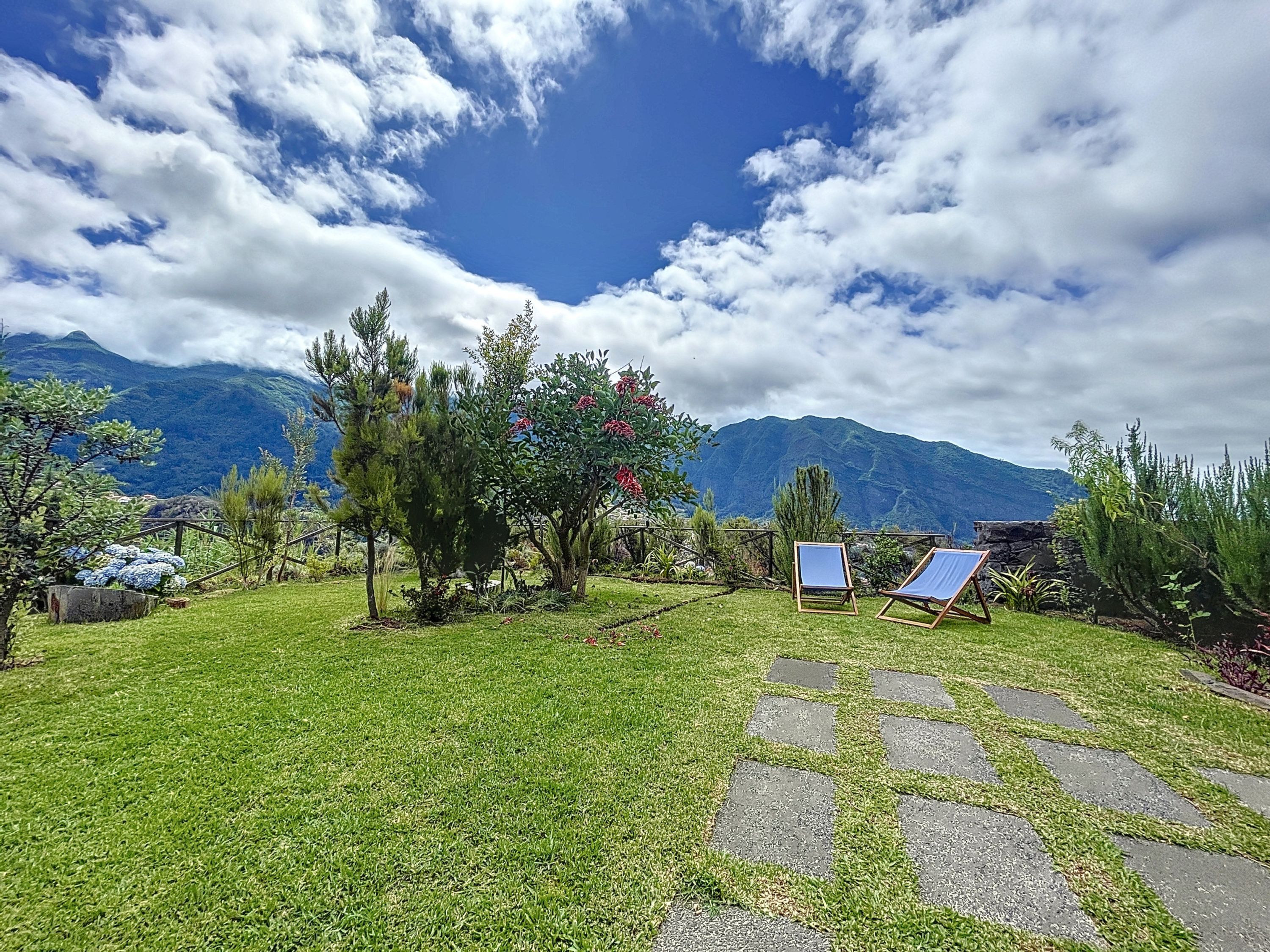 A grassy outdoor area with two lounge chairs and a stone pathway.