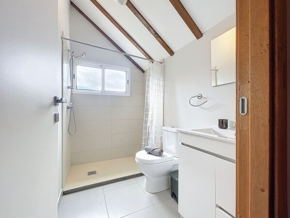 A bathroom with a shower, toilet, and sink.