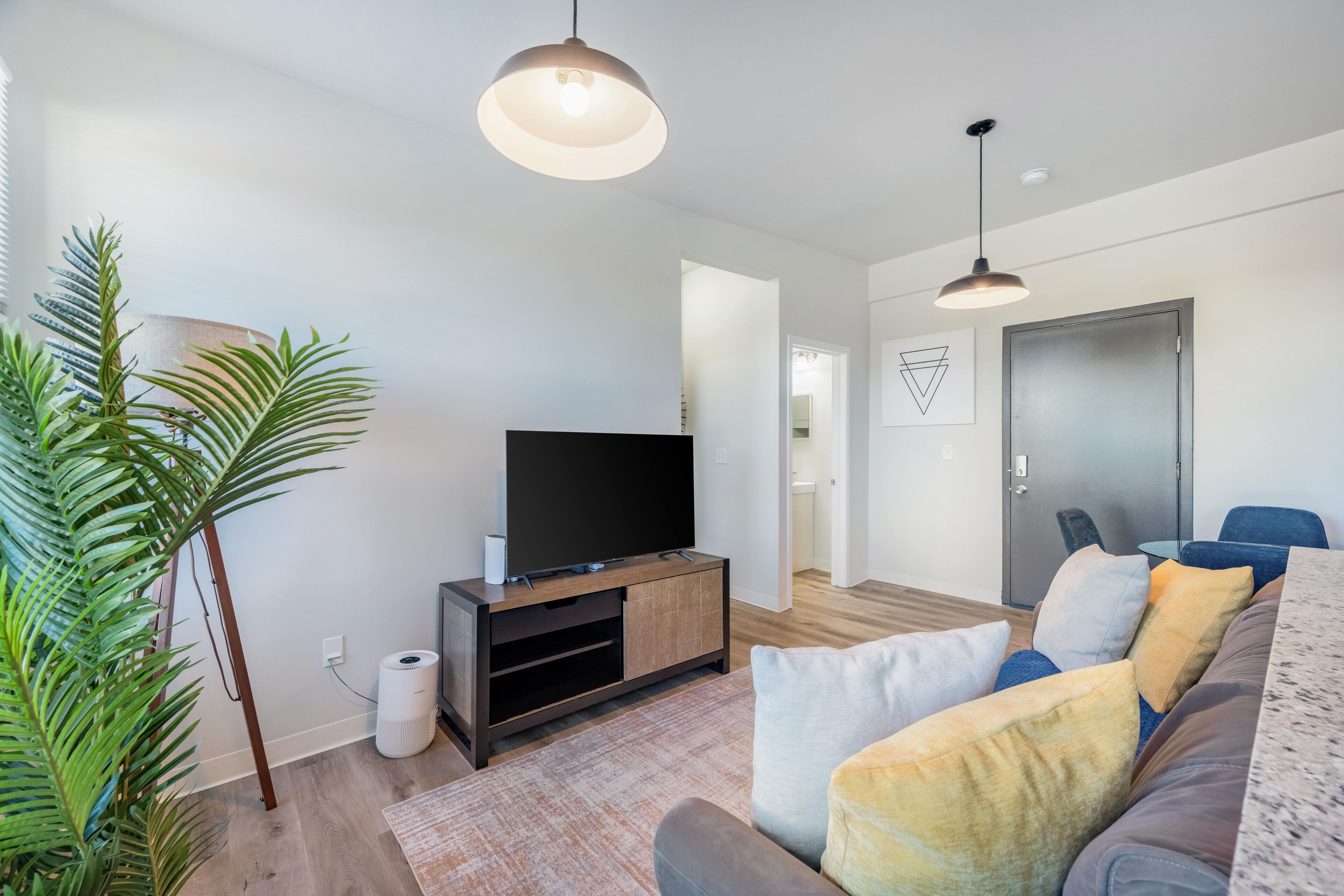 A modern living room with a flat-screen TV on a wooden entertainment unit, a large potted plant, a grey sofa with colorful cushions, and a dining area with a table and chairs.