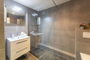 Dusche, Haartrockner, Handtücher, Seife