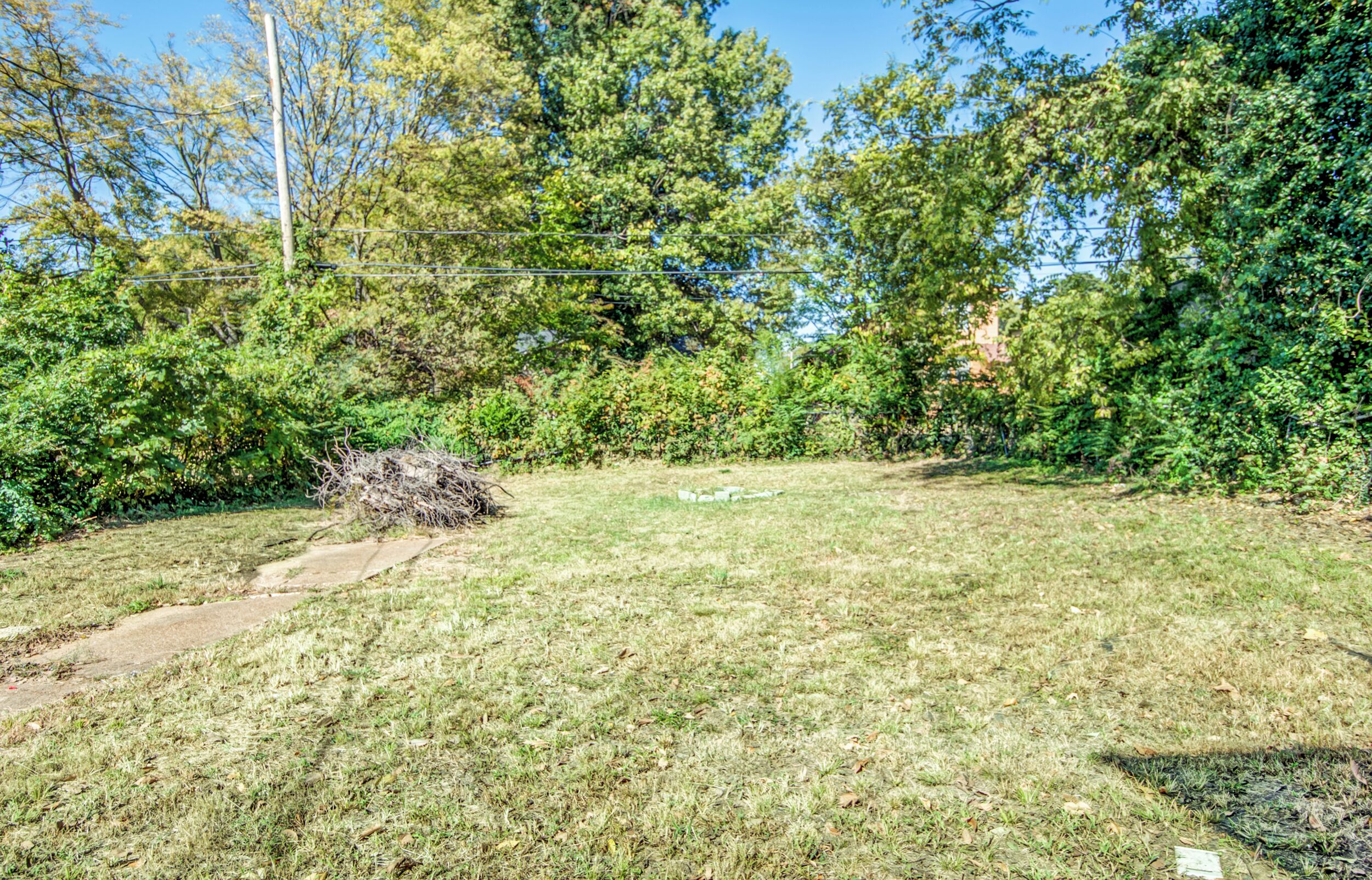 A grassy yard with a concrete path leading to a building.