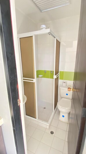A bathroom with a shower enclosure, toilet, and a green-tiled wall.