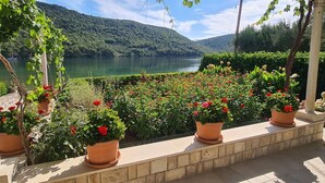 Un jardin agrémenté de plantes en pot, avec vue sur un lac et des montagnes.