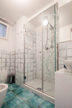 Shower, bidet, towels, soap