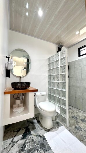 Shower, hair dryer, towels, soap