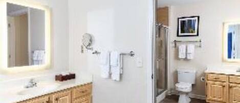 Jetted bath, hair dryer, towels, soap