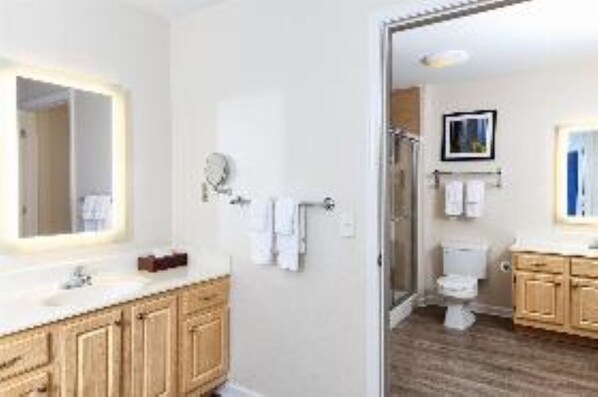 Features a spacious bathroom with a large mirror, vanity, and shower area.