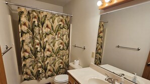 Un bagno con tenda doccia, water, lavabo e specchio.