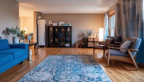 Smart TV, fireplace, books, computer monitors