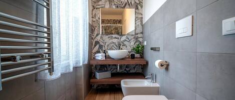 Shower, hair dryer, bidet, towels