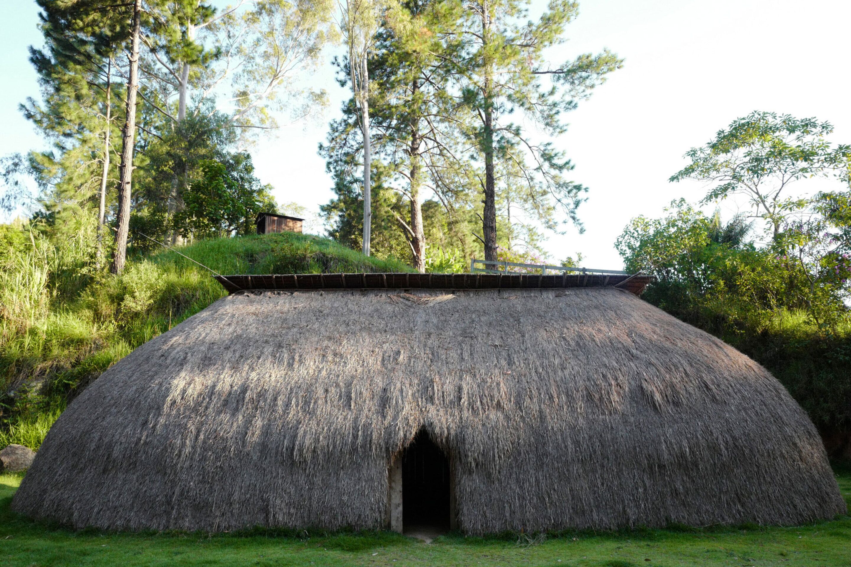 A thatched-roof structure with a central doorway, surrounded by greenery and trees.