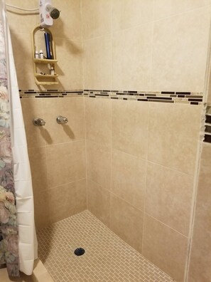 Shower, towels, soap, shampoo