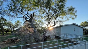 Un bâtiment doté d’un escalier menant à une zone abritée, entouré d’arbres et agrémenté d’une table de pique-nique.
