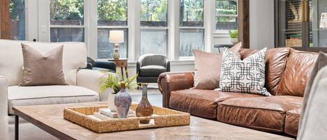 TV connectée, cheminée, livres, espaces bureaux