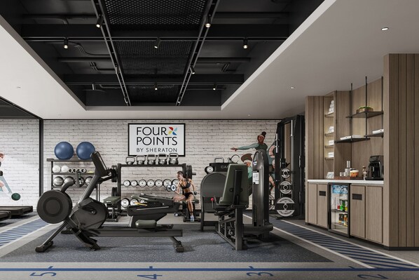 A modern gym with exercise equipment, a wall-mounted rack of dumbbells, and a coffee station. - Four Points By Sheraton Chongqing North Railway Station (Chongqing)