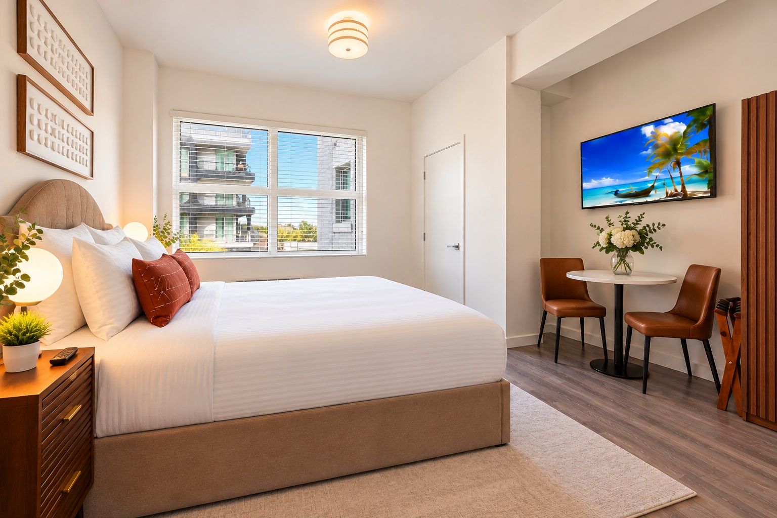 Habitación de hotel con una cama grande, un escritorio con dos sillas, una ventana con vista a edificios y un televisor montado en la pared.