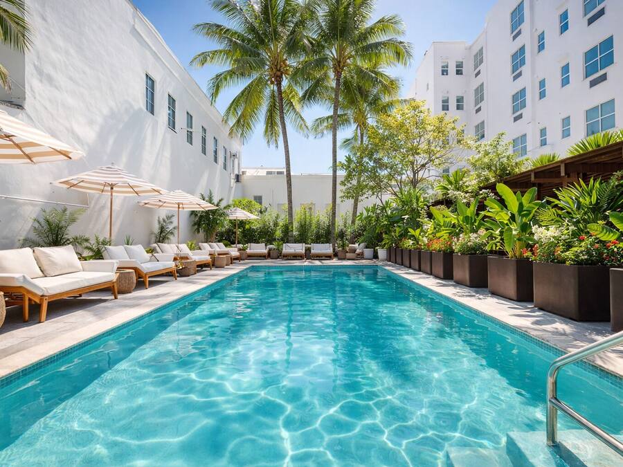 Outdoor pool, pool umbrellas