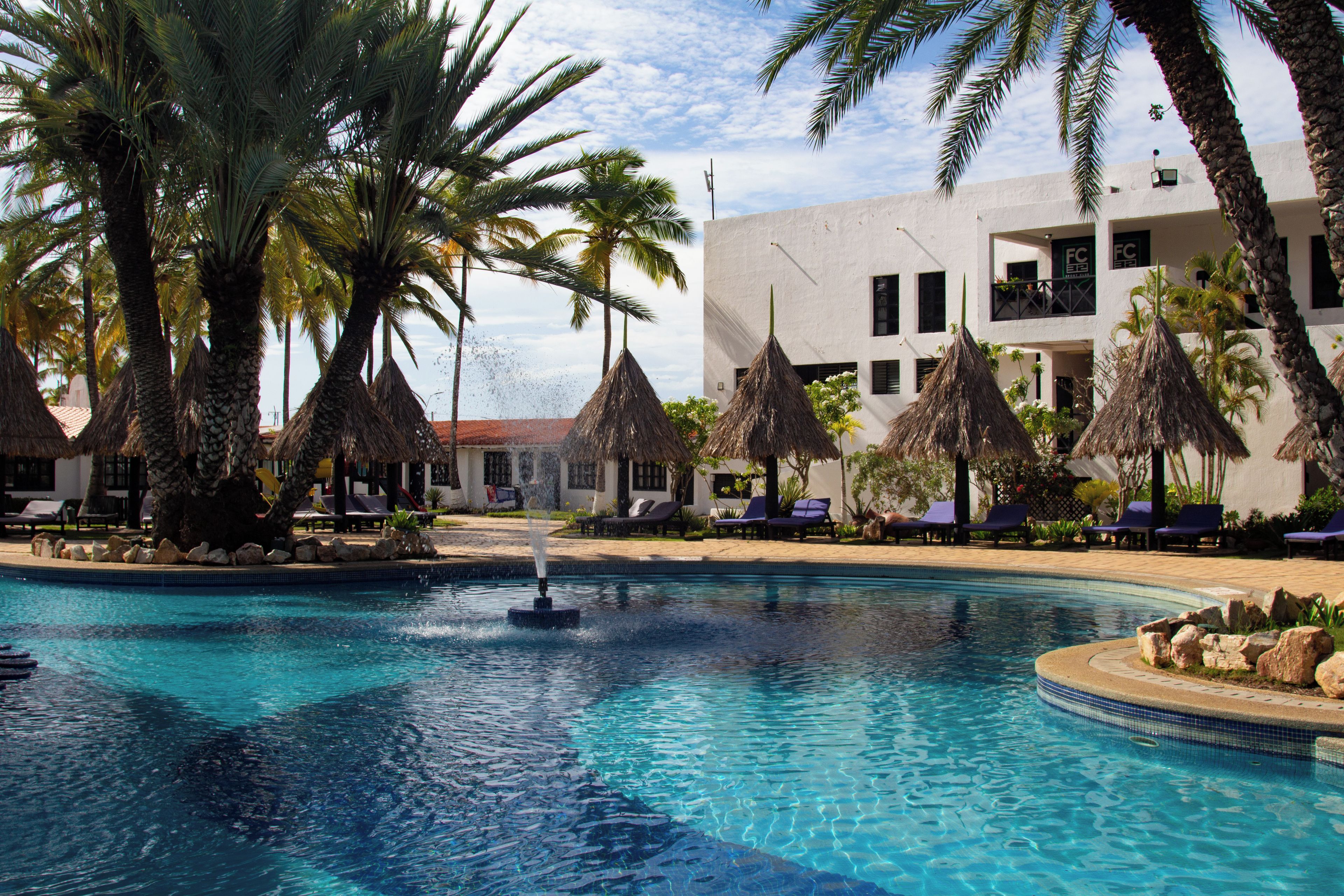 A swimming pool with palm trees and lounge chairs.
