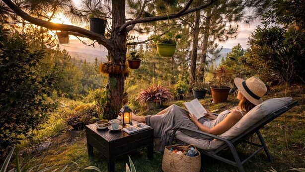 Eine Person entspannt in einem Stuhl unter einem Baum mit hängenden Pflanzgefäßen, einem kleinen Tisch mit einer Laterne und Blick auf die Landschaft.