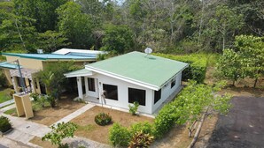 Una casa de dos pisos con techo verde, rodeada de abundante vegetación y un camino de entrada pavimentado.