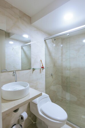 Shower, towels, toilet paper