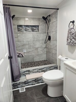 Shower, hair dryer, towels, soap