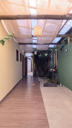 Un pasillo con piso de madera, lámpara colgante y pared verde con plantas.