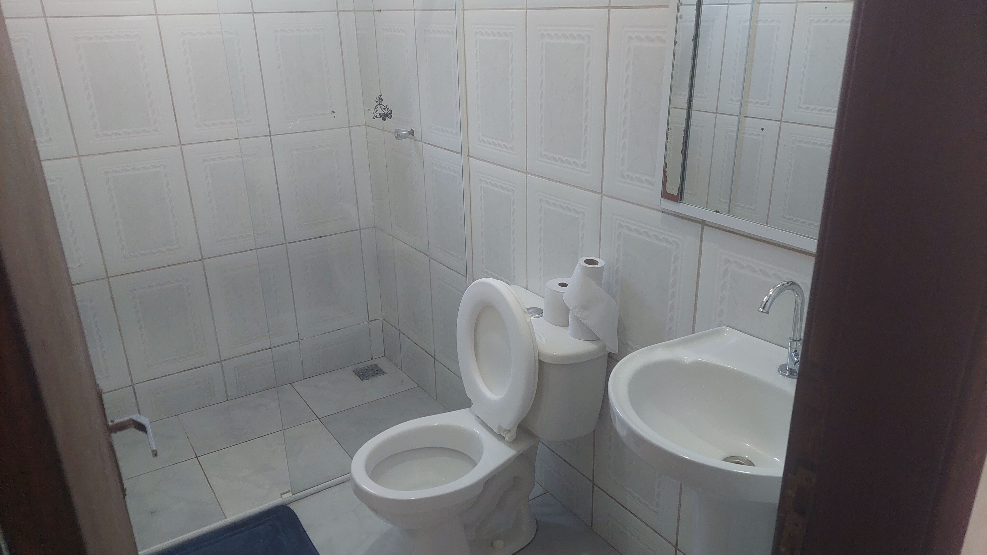 Ein kleines, sauberes Badezimmer mit weißen Fliesen, einer Toilette, einem Waschbecken und einem Spiegel.