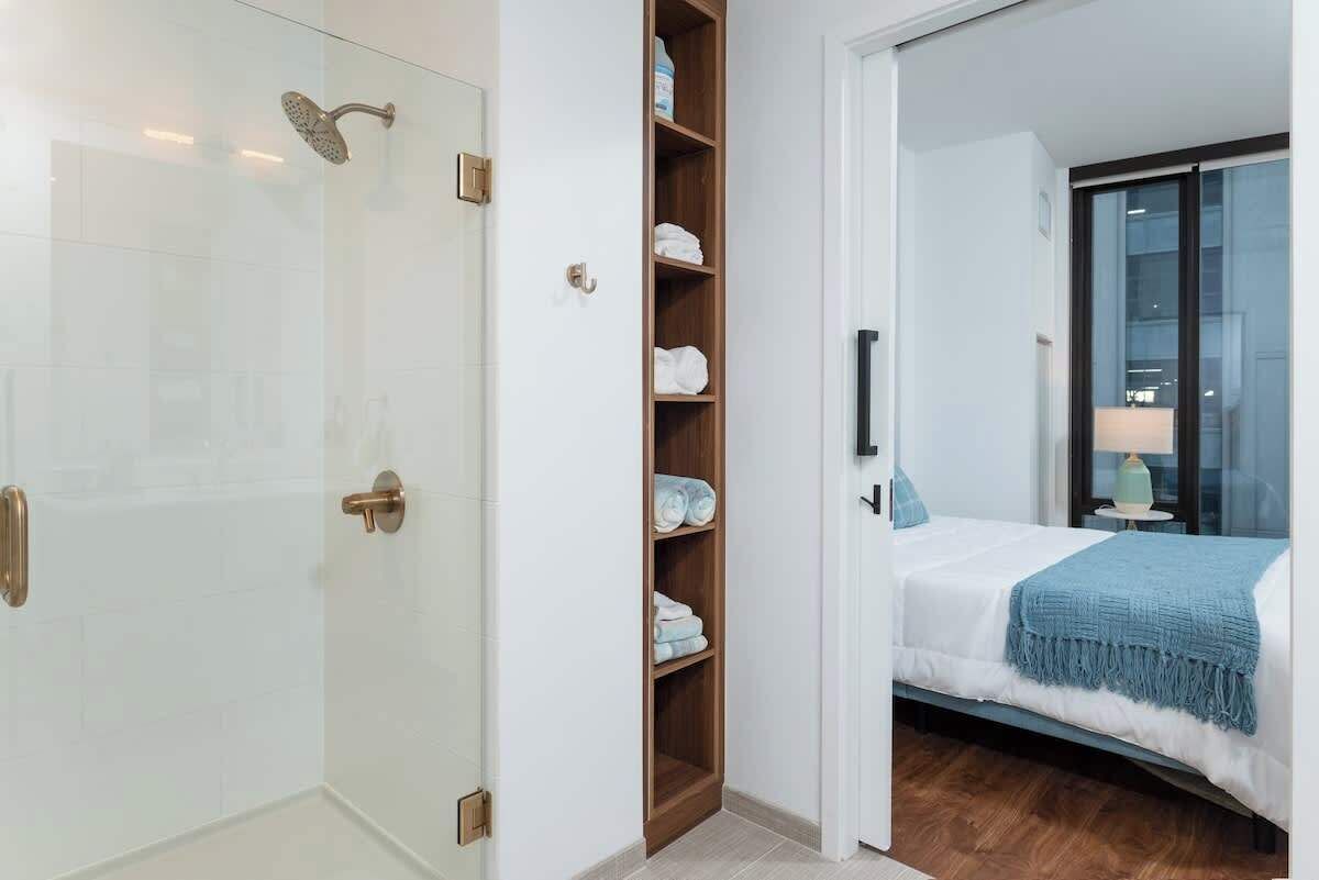 Shower, hair dryer, shampoo