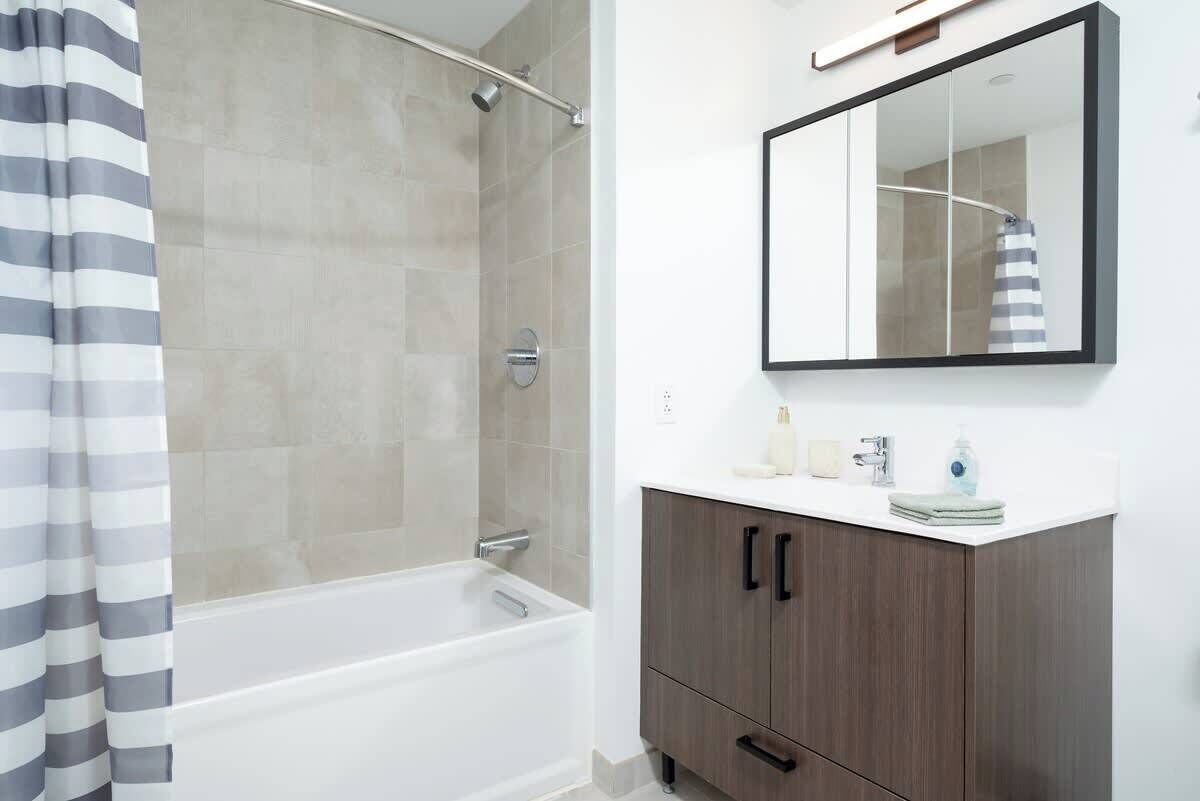 Shower, hair dryer, shampoo