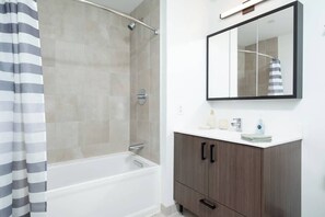Shower, hair dryer, shampoo