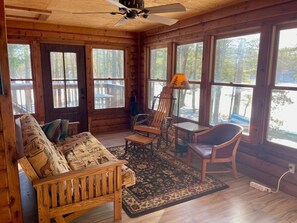 Smart TV, fireplace, books, video library